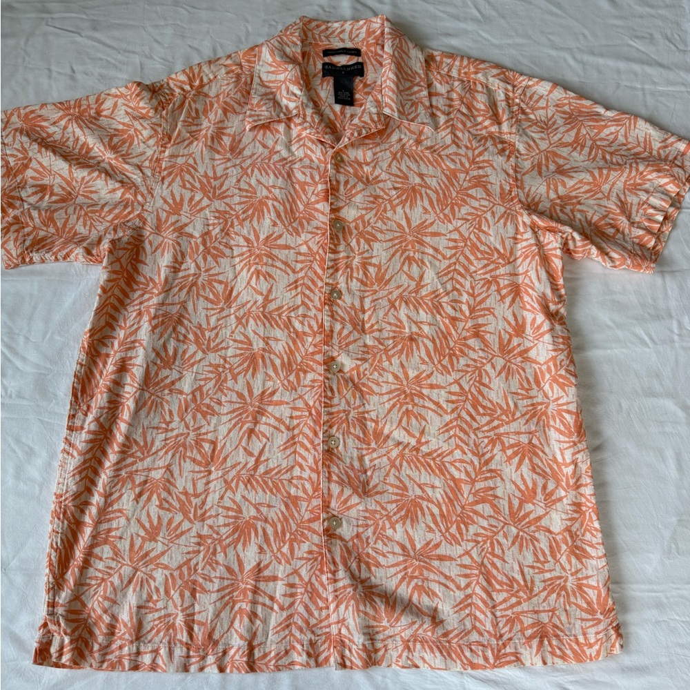 Men's Saddlebred Washable Linen Button‎ Up Hawaiian Palm Leaf Coral Print size L